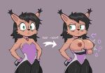 2025 2koma annoyed anthro archie_comics areola before_and_after big_breasts black_hair bottomwear breast_expansion breasts brown_body brown_fur brown_nipples clothed clothing code comic digital_drawing_(artwork) digital_media_(artwork) emanata expansion eyelashes facial_markings felid feline female flat_chested fully_clothed fur gloves green_eyes grey_background hair hands_on_hips handwear head_markings jewelry looking_at_viewer looking_away lynx mammal markings necklace nicole_the_lynx nipples pants purple_clothing sega simple_background solo sonic_the_hedgehog_(archie) sonic_the_hedgehog_(comics) sonic_the_hedgehog_(series) stupidgnoll topwear tufted_ears