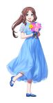 1girl blue_dress blue_eyes blue_shoes bouquet brown_hair dress fate/grand_order fate_(series) flower formal_clothes full_body hair_ribbon holding holding_bouquet leonardo_da_vinci_(fate) leonardo_da_vinci_(rider)_(fate) long_hair looking_at_viewer official_art open_mouth pink_flower ponytail purple_flower ribbon second-party_source shoes simosi smile solo standing standing_on_one_leg transparent_background yellow_flower 