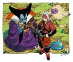  2boys 2others :d aged_down antennae black_horns black_pants black_sclera black_shirt black_sleeves boots border cellphone colored_sclera colored_skin commentary_request dessert dragon_lord dragon_quest dragon_quest_i dragon_quest_monsters_3 fizzy_(dragon_quest) fluffy_(dragon_quest) food gem hands_on_own_hips hdw91v headband highres holding holding_phone holding_staff horns jacket jewelry long_hair multiple_boys multiple_others necklace open_mouth outdoors pants parted_hair phone pisaro pointy_ears purple_robe red_boots red_eyes red_gemstone red_headband red_jacket red_sash robe sash shirt short-sleeved_jacket short_sleeves slime_(dragon_quest) smile staff white_border white_hair widow&#039;s_peak yellow_eyes 