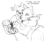  &lt;3 anthro athletic canid canine canis clothed clothing dialogue female gasmaskfox group happy hi_res larger_female macro male mammal micro shirt size_difference sketch smaller_male tank_top teasing text topwear wolf 