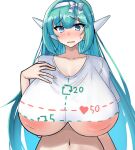  1girl android aqua_hair areola_slip blue_eyes blush breasts clothes_writing crop_top generic_ooban_yaki green_hair hairband highres huge_breasts large_areolae long_hair looking_at_viewer navel open_mouth original print_shirt robot_ears shirt simple_background solo sweatdrop t-shirt underboob upper_body variant_set very_long_hair white_background white_hairband white_shirt y-0_(generic_ooban_yaki) 
