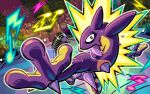  artist_request cable crowd dripping fang microphone musical_note open_mouth outline pokemon pokemon_(creature) pokemon_focus pokemon_tcg second-party_source skin_fang solo_focus stage_lights tongue tongue_out toxtricity toxtricity_(amped) white_outline 