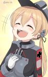  1girl ^_^ ^o^ ahenn blonde_hair breasts closed_eyes emphasis_lines eyebrows_visible_through_hair gloves hair_between_eyes hat highres kantai_collection large_breasts laughing long_hair long_sleeves military military_uniform open_mouth peaked_cap prinz_eugen_(kantai_collection) smile solo twitter_username uniform upper_body white_gloves 