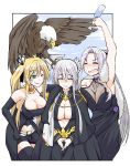  3girls azur_lane bald_eagle bangs bare_shoulders bird blonde_hair blush breasts champagne_flute cleavage cup dress drinking_glass eagle enterprise_(azur_lane) evening_gown eyebrows_visible_through_hair hat highres hornet_(azur_lane) imagawa_akira long_hair multiple_girls open_mouth silver_hair sleeveless twintails very_long_hair yorktown_(azur_lane) 