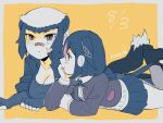  2girls animal_ears badger_ears badger_girl badger_tail bandaid bandaid_on_face bandaid_on_nose bird_girl bird_tail bird_wings blush breasts brown_eyes cleavage closed_mouth collared_shirt dated elbow_rest extra_ears fingerless_gloves foot_up gloves greater_honeyguide_(kemono_friends) hanada_(cobalt003) hand_on_own_cheek hand_on_own_face head_rest head_wings highres jacket kemono_friends kemono_friends_3 large_breasts looking_at_another looking_at_viewer lying miniskirt multicolored_hair multiple_girls on_stomach open_clothes open_jacket open_shirt pantyhose parted_lips partially_colored pink_hair ratel_(kemono_friends) shirt shirt_under_shirt side-by-side skirt tail two-tone_hair wings 