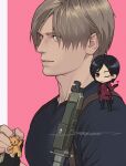  1boy 1girl ada_wong bear_charm black_boots black_gloves black_hair black_pantyhose black_shirt blonde_hair blue_eyes boots border breasts brown_eyes chibi closed_mouth dress fingerless_gloves gloves hand_on_own_hip harness knife leon_s._kennedy light_smile medium_breasts one_eye_closed pantyhose parted_bangs pink_background red_dress resident_evil resident_evil_4 sardine_(kjr0313) shirt short_dress short_hair stuffed_animal stuffed_toy teddy_bear thigh_boots turtleneck turtleneck_dress upper_body white_border 