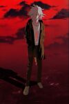  1boy absurdres brown_pants brown_shoes cloud collarbone danganronpa_(series) danganronpa_2:_goodbye_despair full_body green_jacket highres jacket komaeda_nagito male_focus medium_hair open_clothes open_jacket pants ppyono print_shirt red_sky shirt shoes sky smile solo standing white_shirt 