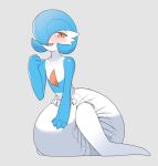 absurd_res anthro blue_body blue_skin blush diaper female gardevoir generation_3_pokemon hand_on_diaper hi_res nintendo open_mouth orange_eyes picketpolecat pokemon pokemon_(species) shiny_pokemon solo touching_diaper unclean_diaper used_diaper