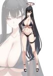  1girl bare_legs bikini black_bikini black_nails black_shrug blue_archive breasts cleavage closed_mouth hair_behind_ear halo hand_on_own_hip highres large_pectorals long_hair navel pectorals ponytail red_eyes red_halo rio_(blue_archive) shrug_(clothing) smile solo stomach suigetu26 swimsuit thigh_strap very_long_hair zoom_layer 