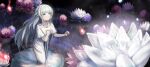  1girl absurdres amulet blue_eyes clutching_chest commentary_request commission dress ender_lilies_quietus_of_the_knights expressionless flower glowing_flower gown hand_on_own_chest highres jewelry lily_(ender_lilies) lily_(flower) long_dress long_hair parted_lips pendant rakasei5050 reaching short_sleeves skeb_commission solo tareme white_dress 