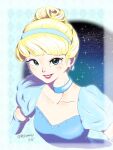 1girl ball_gown blonde_hair blue_dress blue_eyes choker cinderella_(disney_character) cinderella_(disney_movie) dress earrings elbow_gloves gloves gown hair_bun hairband highres jewelry looking_at_viewer princess princess_dress short_hair smile solo tettyamansp 