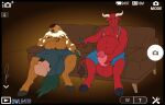 absurd_res alcohol animal_genitalia animal_penis anthro balls beer beer_bottle beverage big_balls big_penis bottle bottomwear bovid bovine brown_body brown_fur camera_view chimera clothed clothing container duo equine_genitalia equine_penis fur furniture genitals hand_on_penis hi_res hooves horn huge_balls huge_penis humanoid_genitalia humanoid_penis hyper hyper_balls hyper_genitalia hyper_penis male mammal muscular muscular_male nipples obese obese_male overweight overweight_male owligatorstudios penis penis_poking_out red_body red_fur rope rope_necklace shorts sleeping sofa topless tusks villam_(randsom)