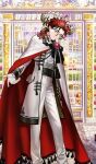  1boy arm_behind_back belt black_belt buttons cape closed_mouth coat commentary_request dante_alighieri_(fate) dante_alighieri_(fgo_fes._2025)_(fate) fate/grand_order fate_(series) feet_out_of_frame formal_clothes game_cg gloves hair_between_eyes halo long_sleeves looking_at_viewer low_ponytail male_focus medium_hair multicolored_hair offering_hand official_art open_clothes open_coat outdoors pants ponytail red_hair shirahama_kamome shirt smile solo standing third-party_source two-sided_cape two-sided_fabric two-tone_hair white_cape white_coat white_eyes white_gloves white_pants white_shirt 