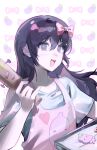  1girl :d alternate_eye_color alternate_hair_color apron aubrey_(headspace)_(omori) aubrey_(omori) black_hair blue_shirt blush bow bright_pupils character-themed_food character_background character_print chinese_commentary collarbone commentary_request czorimu double-parted_bangs fingernails grey_eyes hair_between_eyes hair_bow hand_up heart heart_print highres holding holding_rolling_pin holding_tray light_particles long_hair looking_at_viewer mr._plantegg_(omori) nail_(hardware) official_alternate_costume omori pink_apron pink_bow pinky_out purple_pupils rolling_pin shirt short_sleeves simple_background smile solo sparkle teeth tongue tray upper_body upper_teeth_only white_background 