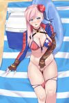  1girl american_flag american_flag_bikini american_flag_print asymmetrical_gloves bikini blue_eyes blue_shrug blush breasts brown_gloves bun_cover choker cleavage clothes_pull collarbone fate/grand_order fate_(series) fingerless_gloves flag_print flag_print_bikini gloves hair_bun hair_ribbon highres large_breasts long_hair long_sleeves looking_at_viewer miyamoto_musashi_(fate) miyamoto_musashi_(swimsuit_berserker)_(fate) miyamoto_musashi_(swimsuit_berserker)_(second_ascension)_(fate) navel open_mouth pink_hair print_bikini ribbon ryouya shrug_(clothing) single_side_bun smile solo swept_bangs swimsuit thighhighs thighs 