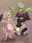 accessory anthro black_clothing black_dress black_hair blonde_hair blush bow_ribbon clenched_teeth clothing diaper dress embarrassed eyes_closed female footwear frilly frilly_clothing gardevoir generation_3_pokemon green_hair group hair headband hex_maniac hi_res human hypnotic_eyes mammal nintendo open_mouth pigtails pizzabagel pokemon pokemon_(species) pokemon_trainer shoes smile teeth telekinesis trio white_body white_clothing white_dress white_skin