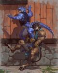 abs anthro biceps big_muscles biped black_hair blue_body bottomless bottomwear bovid claws clothed clothing day detailed_background dragon duo grass hair hooves horn huge_muscles kaydon male male/male mammal muscular muscular_anthro muscular_male mythological_creature mythological_scalie mythology obliques open_mouth pecs plant scales scalie shadow shirt sky solo tail tail_tuft taran_fiddler teeth tongue topwear tuft wingless_dragon