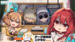  4girls ahoge animal_ear_headphones animal_ears blonde_hair bottle breasts brown_hair cat_ear_headphones cat_hair_ornament chair chibi clipboard clock clothes_writing copyright_name crossed_legs dorothy_(nikke) elegg_(nikke) fake_animal_ears fang flashlight ghost goddess_of_victory:_nikke grey_hair grin hair_intakes hair_ornament hair_over_eyes hand_up headphones highres holding holding_clipboard holding_flashlight indoors long_hair medium_hair multicolored_hair multiple_girls neon_(nikke) no_nose official_art on_chair open_mouth poster_(object) rapi_(nikke) rapi_(red_hood)_(nikke) red_eyes red_hair round_eyewear shirt short_sleeves sitting skin_fang smile striped_clothes striped_thighhighs sunglasses thighhighs thumbs_up totatokeke two-tone_hair v water_bottle white_shirt 