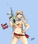  1girl bikini blonde_hair blue_background blue_eyes bracelet breasts commentary_request copyright_name cowboy_shot earrings eden&#039;s_zero facing_viewer finger_on_trigger grin hair_ornament hand_on_own_hip heart_collar holding holding_water_gun jewelry large_breasts mashima_hiro navel open_clothes open_shirt rebecca_bluegarden red_sash sash see-through_clothes see-through_shirt shirt signature simple_background smile solo swimsuit twintails water_gun white_shirt yellow_bikini 