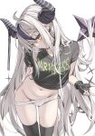  1girl absurdres ahoge black_choker black_gloves black_shirt black_streaks black_thighhighs blush chain choker closed_mouth collarbone commentary cowboy_shot crop_top cropped_shirt curved_horns earclip english_text expressionless fingerless_gloves fingernails floating_hair gloves grey_hair head_tilt highres hololive horns la+_darknesss long_hair midriff multicolored_hair nail_polish navel no_pants panties panty_pull pointy_ears print_shirt purple_nails scarlet_(wv0102) shirt short_sleeves simple_background solo standing star_(symbol) streaked_hair striped_clothes striped_panties symbol-only_commentary t-shirt thighhighs underwear vertical-striped_clothes vertical-striped_panties very_long_hair virtual_youtuber white_background white_panties yellow_eyes 