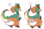  2018 big_butt breasts butt d._e._belton_(artist) dragon english_text female food fruit green_body overweight plant simple_background solo speech_bubble text tongue tongue_out white_background wide_hips yellow_body 