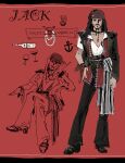  1boy absurdres anchor_symbol asymmetrical_sleeves bandana beard belt black_belt black_eyes black_hair black_jacket black_nails black_pants black_shoes character_name closed_mouth commentary cross cross_necklace facial_hair fingernails full_body highres invisible_chair jack_sparrow jacket jewelry lapels latin_cross long_sleeves looking_at_viewer male_focus medium_hair multiple_views mustache nail_polish necklace open_clothes open_shirt pants pirate pirates_of_the_caribbean red_background shirt shoes short_sleeves simple_background sitting standing symbol-only_commentary uneven_sleeves white_shirt xianchengyue420 