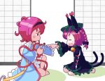  2girls animal_ears barefoot bell black_dress blue_dress cat_ears cat_girl cat_tail closed_mouth commentary_request dress from_side full_body kaenbyou_rin komeiji_satori maki46sri multiple_girls multiple_tails neck_bell open_mouth red_eyes seiza short_hair sitting tail touhou touhou_gensou_eclipse two_tails 