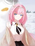  1girl black_skirt blue_eyes breasts brown_coat chinese_commentary coat commentary_request elf elysia_(honkai_impact) hairband heli_(miyoushe_278043874) highres honkai_(series) honkai_impact_3rd long_hair medium_breasts miyoushe_watermark official_alternate_costume outdoors pink_hair pointy_ears shirt skirt smile snow solo very_long_hair watermark white_hairband white_shirt 