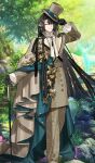  1boy adjusting_clothes adjusting_headwear black_gloves black_hair blunt_bangs blunt_ends braid brown_cape brown_coat brown_hat brown_pants buttons cane cape closed_mouth coat commentary_request double-breasted dress_pants fate/grand_order fate_(series) formal_clothes game_cg gloves hat high_collar holding holding_cane itefu long_hair long_sleeves looking_at_viewer male_focus official_art outdoors pants purple_eyes shirt side_cape smile solo standing taigong_wang_(fate) taigong_wang_(fgo_fes._2025)_(fate) third-party_source two-sided_cape two-sided_fabric very_long_hair white_shirt 