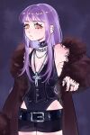 1girl absurdres alternate_costume belt black_belt black_corset black_leotard black_nails black_shorts breasts brown_coat chain chain_necklace chainsaw_man closed_mouth coat cogumelodejeans collar corset cross cross_necklace ear_piercing fami_(chainsaw_man) fur-trimmed_coat fur_trim highres jewelry leotard leotard_under_clothes long_hair mole mole_under_eye mole_under_mouth multiple_moles necklace piercing purple_hair red_eyes ring ringed_eyes shorts small_breasts solo spiked_collar spikes 