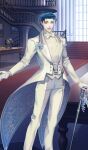  1boy :d blue_hair boutonniere bow bowtie cane commentary_request dress_pants dress_shirt fate/grand_order fate_(series) feet_out_of_frame formal_clothes game_cg gloves green_eyes holding holding_cane indoors jacket lapels long_sleeves looking_at_viewer male_focus official_art open_mouth outstretched_arm pants peaked_lapels sherlock_holmes_(celebratory_attire)_(fate) sherlock_holmes_(fate) shirt short_hair smile solo standing suit suit_jacket tailcoat teeth third-party_source traditional_bowtie white_bow white_bowtie white_gloves white_jacket white_pants white_shirt white_suit wingtip_collar yamanaka_kotetsu 