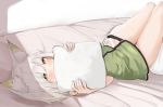  1girl animal_ear_fluff animal_ears arknights bangs bare_arms bare_shoulders bed blush dress green_dress green_eyes highres holding holding_pillow kal&#039;tsit_(arknights) kashiyarrm looking_at_viewer lying on_back ore_lesion_(arknights) pillow short_dress short_hair silver_hair solo thighs watch white_background wristwatch 