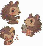  &lt;3 2020 animal_crossing anthro apron apron_only blush brown_body brown_fur clothing cup eulipotyphlan eyes_closed female freckles fur half-closed_eyes happy head_pat hedgehog hi_res holding_object mammal mostly_nude multiple_images narrowed_eyes nintendo petting sable_able senqou shirt simple_background sitting solo topwear video_games white_background 