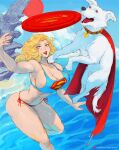 2025 big_breasts bikini bikini_top blonde_hair blue_bikini_top blue_clothing blue_eyes blue_topwear breasts canid canine canis cape cleavage clothed clothed_female clothed_humanoid clothing cloud collar day dc_comics detailed_background digital_media_(artwork) domestic_dog duo eyebrows female female_humanoid feral fingers flying frisbee fur hair hi_res humanoid krypto kryptonian light_body light_skin lips mammal open_mouth partially_submerged paws pinup pose red_bikini_bottom red_cape red_clothing red_sun sand sea sky standing sun supergirl superman_(series) superman_logo swimwear tail text tezy8 topwear two-piece_swimsuit url water white_body white_ears white_fur white_sclera white_tail