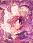  1boy 1girl absurdres ariminasan black_bow black_hairband black_streaks bow bow_hairband braid closed_eyes commentary covered_eyes english_commentary flower grey_jacket hairband hands_on_own_chest highres hood hoodie jacket jacket_over_hoodie kirifuji_nozomi long_hair multicolored_hair multicolored_jacket red_hair short_hair streaked_hair sumino_takumi the_hundred_line_-last_defense_academy- two-tone_jacket white_hair white_hoodie wisteria 
