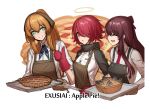  3girls apple_pie apron aqua_eyes arknights brown_hair catchphrase character_name closed_eyes cooking energy_wings english_text exusiai_(arknights) eyebrows_visible_through_hair eyes_visible_through_hair fish food girls_frontline halo highres jojogwang m1903_springfield_(girls_frontline) mittens multiple_girls pie purple_hair red_hair smile sparkle stargazy_pie tongs tray wa2000_(girls_frontline) 