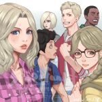  3boys 3girls 5tatsu artist_name becca_woolett blonde_hair blue_eyes blue_jacket braid breasts brown_eyes clenched_hand clenched_teeth closed_mouth collared_shirt crop_top dark-skinned_male dark_skin dated denim furrowed_brow glasses grey_shirt grin hair_over_one_eye hair_over_shoulder hand_on_own_chest highres hood hood_down hoodie jacket january_van_sant jewelry letterman_jacket long_hair martin_sandwich medium_breasts multiple_boys multiple_girls open_mouth parted_bangs parted_lips pink_shirt plaid_clothes plaid_shirt red_hoodie resident_evil resident_evil:_resistance samuel_jordan shirt shirt_under_shirt short_hair short_sleeves shorts single_braid smile sweatdrop teeth tyrone_henry upper_body valerie_harmon very_short_hair vest wide-eyed yellow_jacket 
