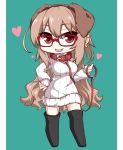  1girl animal_ears bangs boots brown_hair chibi collar dog_ears ear_piercing earrings glasses heart highres jewelry leash lindoh_flores long_hair looking_at_viewer open_mouth original piercing pillarboxed red-eyes_macadamiachoco red-framed_eyewear red_eyes ribbed_sweater smile solo standing sweater thigh_boots thighhighs tongue_piercing turtleneck turtleneck_sweater 