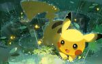  :3 dot_nose full_body leaf no_humans open_mouth outdoors palachaomian pikachu pokemon pokemon_(creature) pokemon_focus pokemon_tcg rain second-party_source smile sparks 