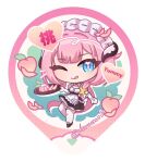  1girl ;) ;q black_shoes black_skirt blue_eyes chibi commentary elysia_(honkai_impact) elysia_(miss_pink)_(honkai_impact) elysia_(miss_pink_elf)_(honkai_impact) food fruit gloves heart honkai_(series) honkai_impact_3rd long_hair looking_at_viewer maid maid_headdress one_eye_closed peach pink_hair pink_pupils shirt shoes skirt smile solo thighhighs tongue tongue_out tsuume very_long_hair white_background white_gloves white_shirt white_thighhighs 