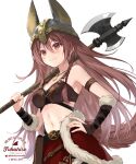  1girl :3 animal_ears_helmet animal_helmet arm_strap arm_warmers armor artist_name axe belt belt_pouch bikini_armor blush braid breasts brown_arm_warmers brown_hair closed_mouth commentary cowboy_shot dog_girl fukahire_(ruinon) fur-trimmed_arm_warmers fur-trimmed_skirt fur_trim hair_between_eyes halberd hand_on_own_hip highres holding holding_polearm holding_weapon hololive inugami_korone inugami_korone_(viking) jewelry leather_armor long_hair medium_breasts navel necklace official_alternate_costume official_alternate_hairstyle over_shoulder polearm pouch red_eyes red_skirt side_braid simple_background single_braid skirt smile solo standing stomach twitter_username viking virtual_youtuber watermark weapon weapon_over_shoulder white_background 