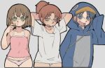  3girls animal_costume arms_behind_head ayumu_niikura black_outline blonde_hair blue_eyes blue_hair brown_eyes brown_hair city_(arawi_keiichi) collarbone cropped_legs finger_to_mouth green_eyes grey_background hand_up highres izumi_wako long_shirt medium_hair midriff multiple_girls nagumo_midori open_mouth outline panties pantsu-ripper penguin_costume pink_panties pink_shirt ponytail shirt short_hair short_sleeves simple_background sleeveless sleeveless_shirt striped_clothes striped_panties thick_outlines thighs underwear waving white_panties white_shirt 