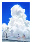  ahoge animal_ears antenna_hair bikini blonde_hair blue_archive blue_eyes blue_hair blue_sky braid breasts cloud cloudy_sky competition_swimsuit cumulonimbus_cloud day donut_innertube double_bun fubuki_(blue_archive) fubuki_(swimsuit)_(blue_archive) guard_rail hair_bun hair_over_one_eye halo highres kanna_(blue_archive) kanna_(swimsuit)_(blue_archive) kirino_(blue_archive) kirino_(swimsuit)_(blue_archive) long_hair multicolored_hair official_alternate_costume one-piece_swimsuit open_mouth outdoors pink_halo power_lines purple_bikini road scenery school_swimsuit shirt single_braid sky swimsuit traffic_barrier whistle whistle_around_neck white_one-piece_swimsuit yamabuki0 