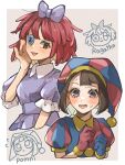  2girls :d asymmetrical_gloves blue_eyes blue_gloves blue_hat blue_shirt blush bob_cut border bow breasts brown_background brown_eyes brown_hair character_name collared_shirt cropped_torso fewer_digits flying_sweatdrops frilled_sleeves frills gloves hair_bow hand_on_own_cheek hand_on_own_face hand_up hands_up hat highres humanization ichi_kura64 jester looking_at_viewer lower_teeth_only mismatched_gloves multicolored_eyes multiple_girls open_mouth outside_border pomni_(the_amazing_digital_circus) puffy_short_sleeves puffy_sleeves purple_bow ragatha_(the_amazing_digital_circus) raised_eyebrow red_eyes red_gloves red_hair red_hat red_shirt shirt short_hair short_sleeves simple_background small_breasts smile striped_clothes striped_headwear striped_shirt sweat teeth the_amazing_digital_circus tongue twitter_username two-tone_eyes two-tone_hat two-tone_headwear two-tone_shirt vertical-striped_clothes vertical-striped_headwear vertical-striped_shirt white_border 