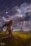  anthro brown_hair cloud detailed_background felid female fur grass hair hi_res long_hair mammal moon nude outside pantherine plant raining sky solo star starry_sky striped_body striped_fur stripes tatiilange tiger tree twilight white_body white_fur yellow_stripes 