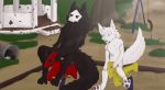  3_toes absurd_res anthro canid canine canis changed_(video_game) duo goo_creature hi_res lin_(changed) looking_at_another male mammal one_eye_closed outside pawpads playground puro_(changed) ruins shizameakanzatsu smile toes trash_can tree wink wolf 