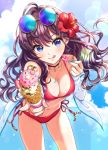  1girl ahoge bangs bikini blue_eyes blue_nails blush breasts brown_hair cleavage cloud cloudy_sky collarbone day earrings eyebrows_visible_through_hair flower food foreshortening fruit hair_between_eyes hair_flower hair_ornament hibiscus holding ice_cream ice_cream_cone ichinose_shiki idolmaster idolmaster_cinderella_girls jewelry leaning_forward lens_flare licking_lips morikura_en nail_polish navel open_clothes open_shirt outdoors red_bikini red_flower round_eyewear side-tie_bikini sky solo spoon sprinkles strawberry sunglasses sunlight swimsuit thighs tongue tongue_out water_drop zipper zipper_pull_tab 