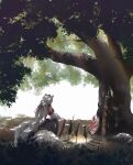  1girl absurdres alternate_hair_length alternate_hairstyle animal_ears bandages bonfire budget_sarashi chest_sarashi dappled_sunlight day detached_sleeves facing_away fire fluffy_tail hat highres inubashiri_momiji long_hair mixed-language_commentary oubachiago outdoors procreate_(medium) roasting sarashi scabbard scenery sheath shield shirt sitting skirt solo sunlight sword tail tokin_hat touhou tree very_long_hair weapon white_hair wide_sleeves wolf_ears wolf_girl wolf_tail 