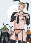  4boys abs animal_ears armor ben_grimm blonde_hair blue_eyes closed_mouth commentary_request crossdressing crossdressing_(mtf) crossed_arms detached_collar doctor_doom facial_hair fake_animal_ears fantastic_four fishnet_pantyhose fishnets four-finger_heart_hands garter_straps heart heart_hands highres hood johnny_storm large_pectorals looking_at_viewer male_focus male_playboy_bunny marvel mask mii_(lvhrsmnt) multiple_boys muscular muscular_male mustache navel one_eye_closed pantyhose pectorals rabbit_ears reed_richards reverse_bunnysuit reverse_outfit short_hair shrug_(clothing) underwear wrist_cuffs 