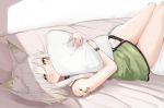  1girl animal_ear_fluff animal_ears arknights bangs bare_arms bare_shoulders bed blush dress green_dress green_eyes highres holding kal&#039;tsit_(arknights) kashiyarrm looking_at_viewer lying on_back ore_lesion_(arknights) pillow pillow_hug short_dress short_hair silver_hair solo thighs watch white_background wristwatch 